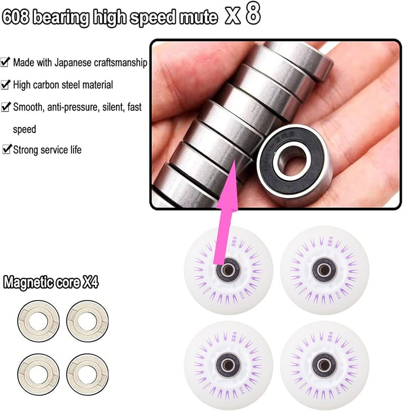 FYANER Light up Inline Skate Wheels & Roller Blade Wheels 76mm/80mm with Bearings ABEC-9 for Indoor & Outdoor use 90A Luminescence Roller Blade Wheels 4-Pack - Image 4